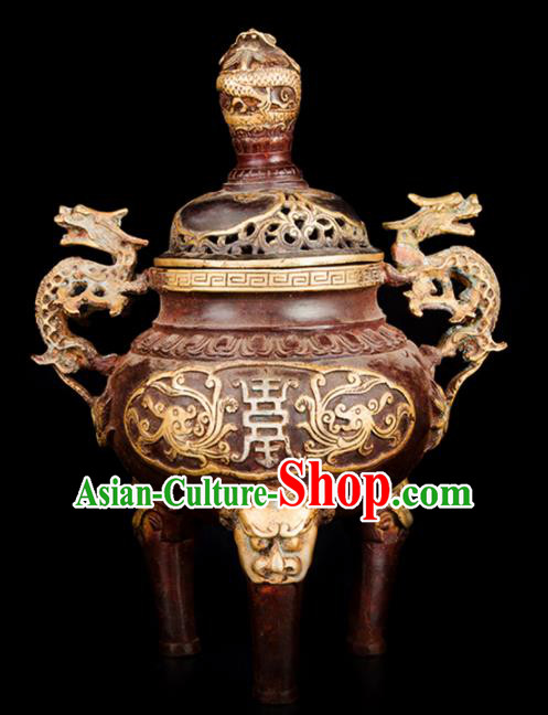 Chinese Traditional Taoism Bagua Carving Dragon Brass Incense Burner Feng Shui Items Censer Decoration