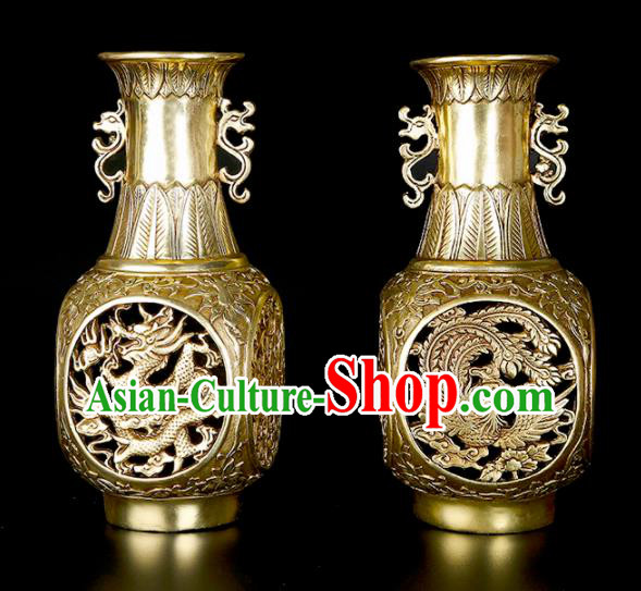 Chinese Traditional Feng Shui Items Taoism Bagua Brass Carving Dragon Phoenix Vase Decoration
