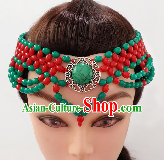 Chinese Traditional Mongolian Ethnic Hair Accessories Mongol Nationality Green Beads Hair Clasp for Women