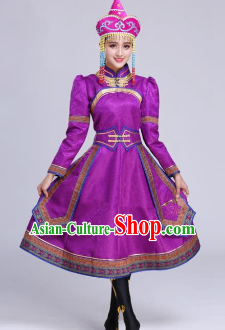 Chinese Traditional Mongolian Ethnic Folk Dance Purple Dress Mongol Nationality Costumes for Women