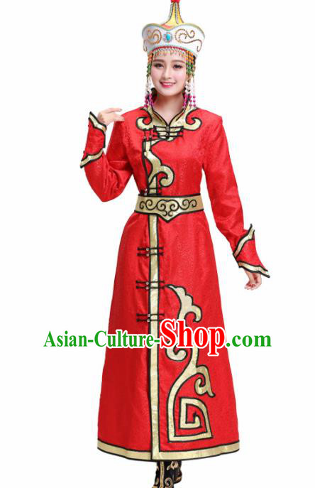 Chinese Traditional Mongolian Ethnic Princess Red Dress Mongol Nationality Folk Dance Costumes for Women