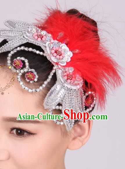 Chinese Traditional Yangko Dance Red Feather Hair Stick National Folk Dance Hair Accessories for Women