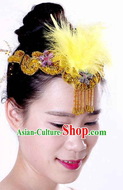 Chinese Traditional Yangko Dance Yellow Feather Tassel Hair Clasp National Folk Dance Hair Accessories for Women