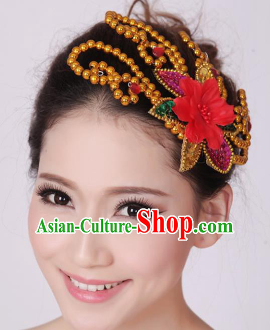 Chinese Traditional Yangko Dance Red Flower Hair Claw National Folk Dance Hair Accessories for Women