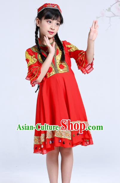 Chinese Traditional Ethnic Folk Dance Costume Classical Dance Group Dance Red Dress for Kids