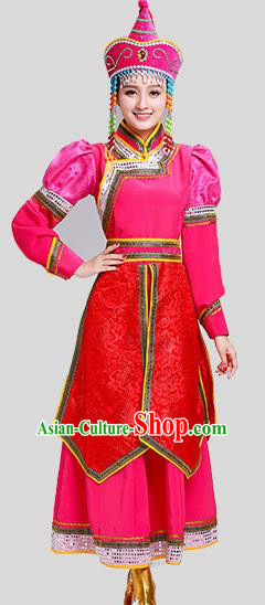 Chinese Traditional Mongolian Princess Folk Dance Rosy Dress Mongol Nationality Ethnic Costume for Women