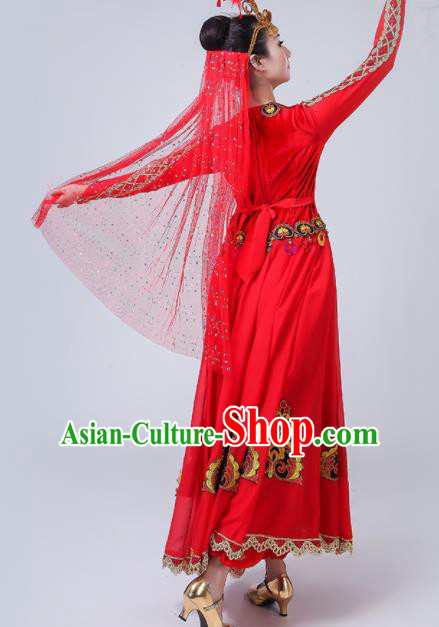 Chinese Traditional Uigurian Ethnic Folk Dance Costume Uyghur Nationality Dance Red Dress for Women