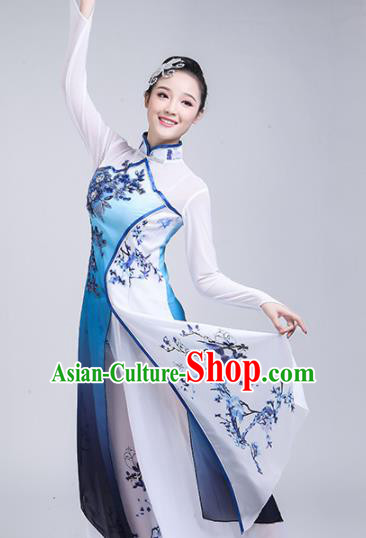 Chinese Traditional Umbrella Dance Blue Costume Classical Dance Group Dance Dress for Women