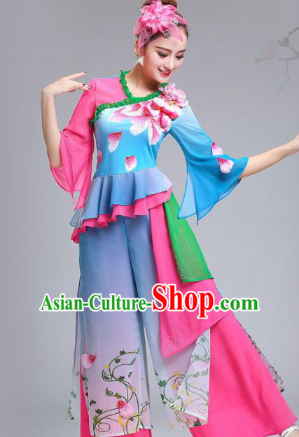 Chinese Traditional Fan Dance Stage Performance Blue Costume Folk Dance Yangko Dance Dress for Women