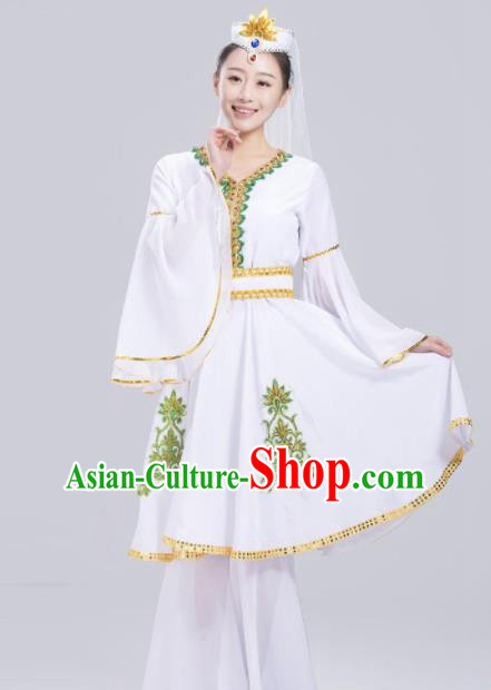 Chinese Traditional Uigurian Ethnic Folk Dance Costume Uyghur Nationality Dance White Dress for Women