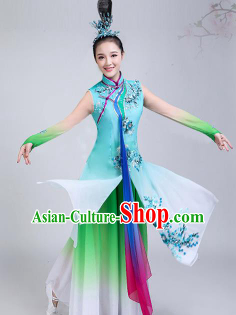 Chinese Traditional Stage Performance Umbrella Dance Green Costume Classical Dance Group Dance Dress for Women