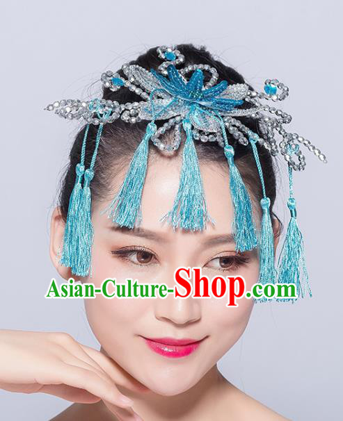 Chinese Traditional Yangko Dance Blue Flower Tassel Hair Stick National Folk Dance Hair Accessories for Women