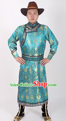 Chinese Traditional Mongol Ethnic Costume Nationality Blue Brocade Mongolian Robe for Men
