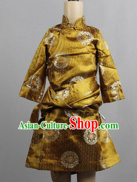 Chinese Traditional Tibetan Kham Children Golden Robe Zang Nationality Heishui Dance Ethnic Costumes for Kids