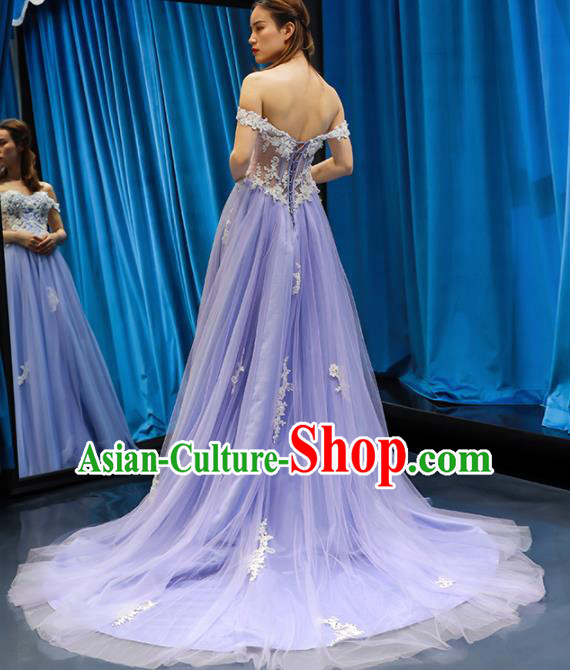 Top Grade Wedding Dress Compere Full Dress Princess Embroidered Purple Veil Costume for Women