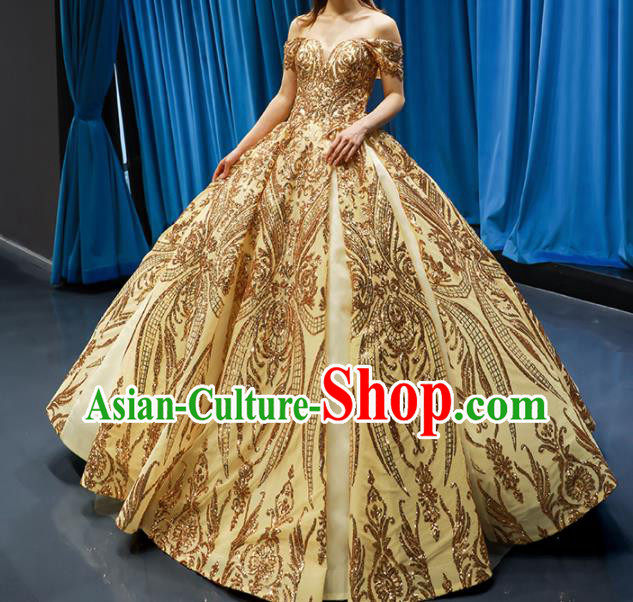 Top Grade Compere Golden Full Dress Princess Embroidered Wedding Dress Costume for Women