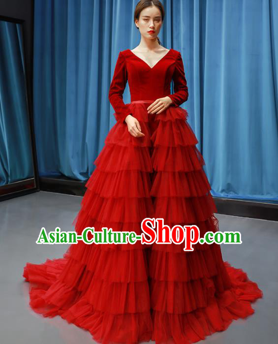 Top Grade Compere Full Dress Princess Red Veil Trailing Wedding Dress Costume for Women