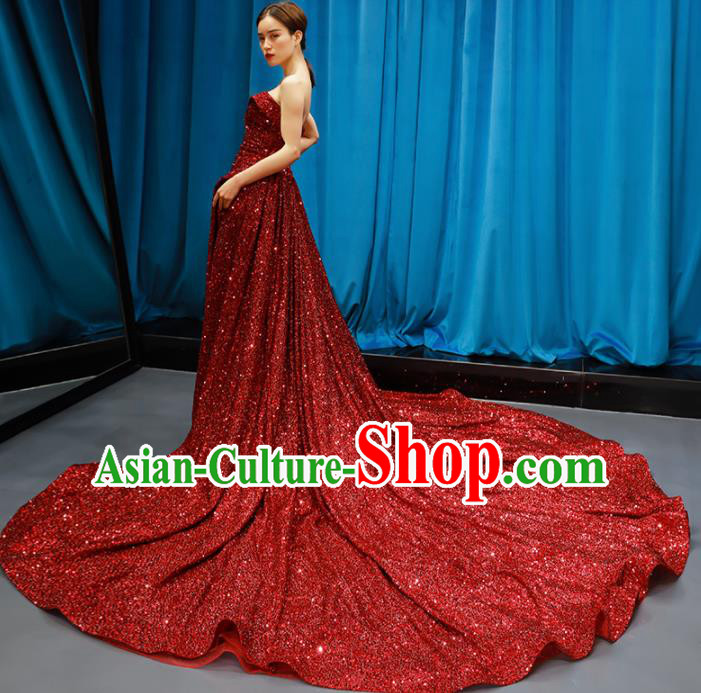 Top Grade Compere Strapless Full Dress Princess Red Paillette Trailing Wedding Dress Costume for Women