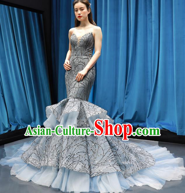 Top Grade Compere Grey Veil Fishtail Full Dress Princess Wedding Dress Costume for Women