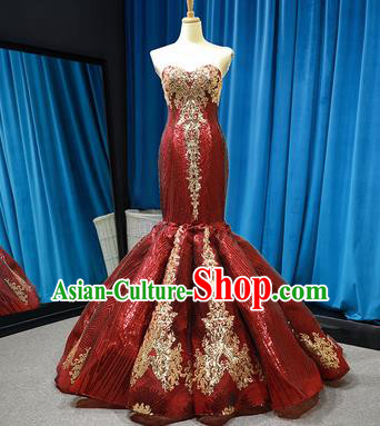 Top Grade Compere Wine Red Veil Fishtail Full Dress Princess Wedding Dress Costume for Women