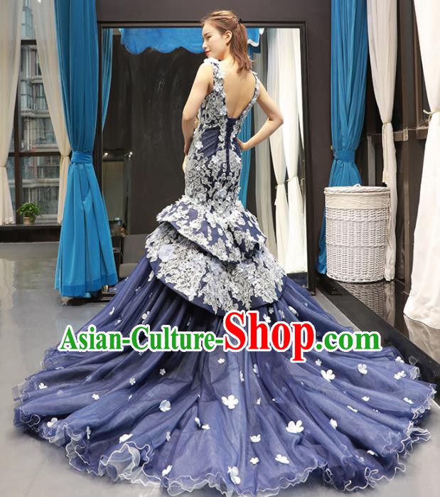 Top Grade Compere Deep Blue Fishtail Full Dress Princess Trailing Wedding Dress Costume for Women