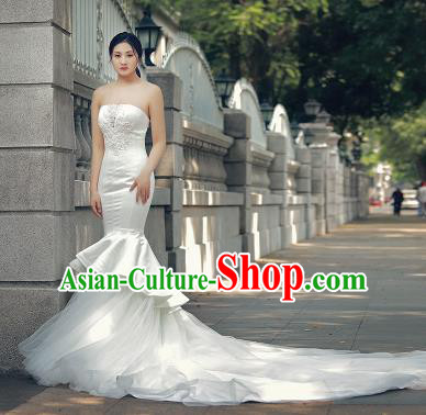 Top Grade Wedding Gown Bride Costume White Veil Fishtail Trailing Full Dress Princess Dress for Women