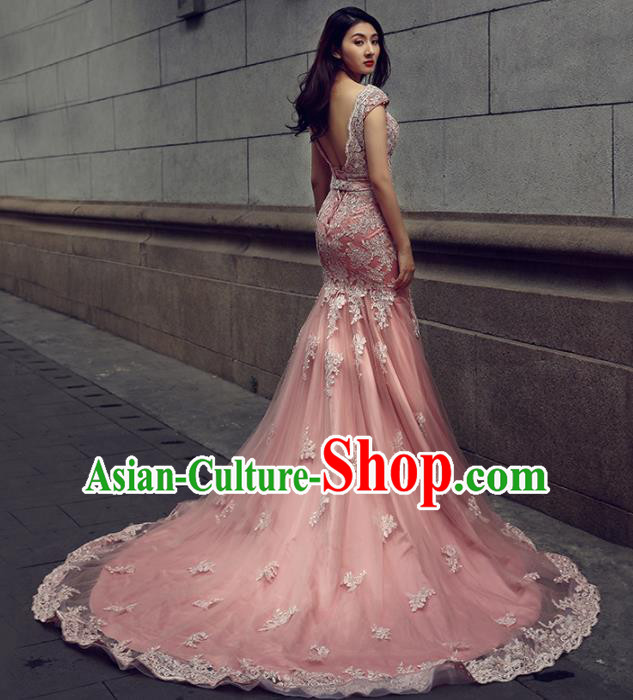 Top Grade Compere Pink Veil Trailing Full Dress Princess Embroidered Wedding Dress Costume for Women