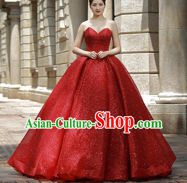 Top Grade Compere Red Veil Bubble Full Dress Princess Embroidered Wedding Dress Costume for Women
