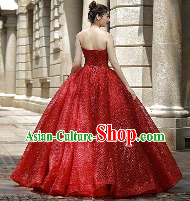 Top Grade Compere Red Veil Bubble Full Dress Princess Embroidered Wedding Dress Costume for Women