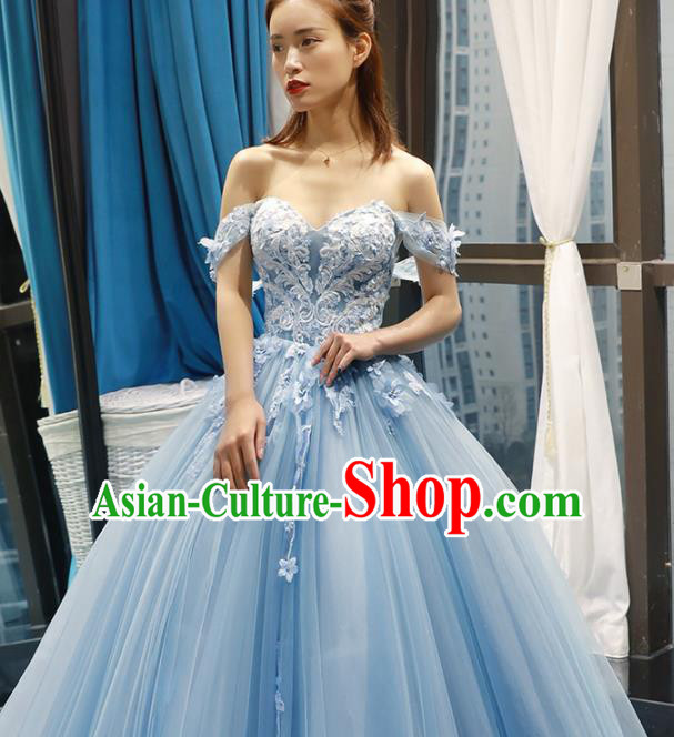 Top Grade Compere Blue Veil Full Dress Princess Trailing Wedding Dress Costume for Women