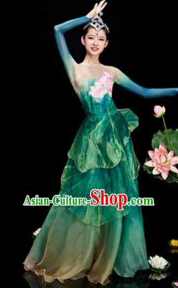 Chinese National Classical Dance Lotus Dance Green Costume Traditional Umbrella Dance Dress for Women