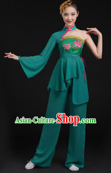 Chinese National Folk Dance Deep Green Costume Traditional Yangko Dance Fan Dance Clothing for Women