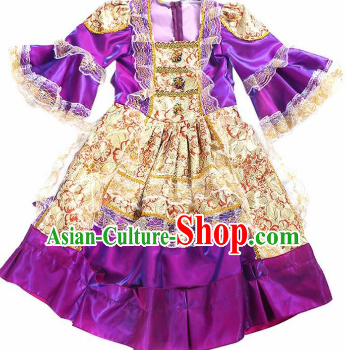 Europe Traditional Court Princess Dance Costume Drama Stage Performance Purple Dress for Kids
