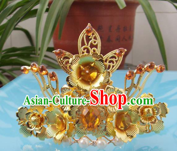 Chinese Traditional God of Wealth Hair Accessories Ancient Prince Yellow Crystal Lotus Hairdo Crown for Men
