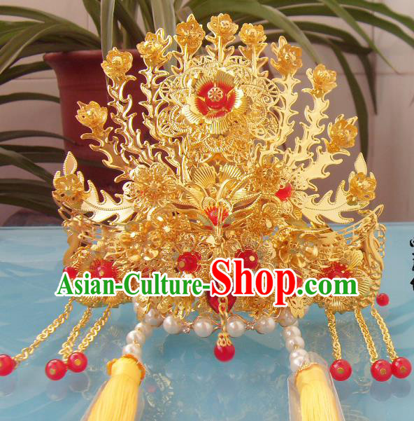 Chinese Traditional Goddess Golden Tassel Phoenix Coronet Hairpins Ancient Princess Hair Accessories for Women