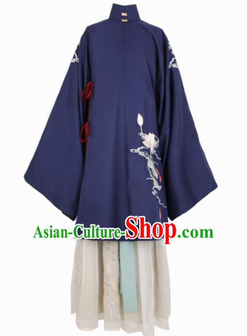 Chinese Traditional Navy Hanfu Dress Ancient Ming Dynasty Princess Embroidered Costume for Women