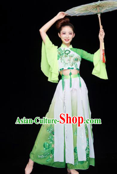 Chinese National Classical Dance Dress Traditional Lotus Dance Umbrella Dance Green Costume for Women