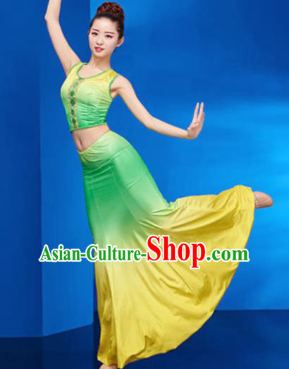 Chinese Traditional Ethnic Folk Dance Green Dress Dai Nationality Peacock Dance Costume for Women