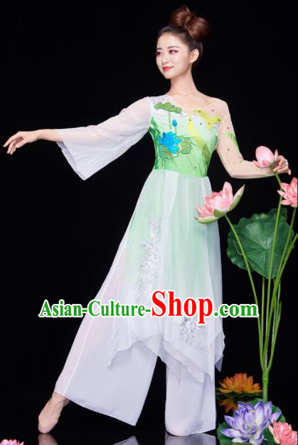 Chinese National Classical Dance Lotus Dance Dress Traditional Umbrella Dance Green Costume for Women