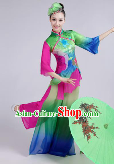 Chinese National Folk Dance Lotus Dance Green Costume Traditional Yangko Dance Fan Dance Clothing for Women