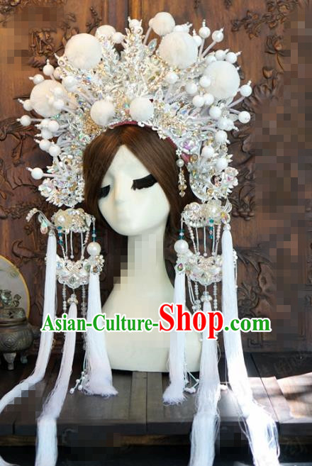 Chinese Traditional Handmade Hair Accessories Ancient Queen Luxury White Venonat Phoenix Coronet Headwear for Women