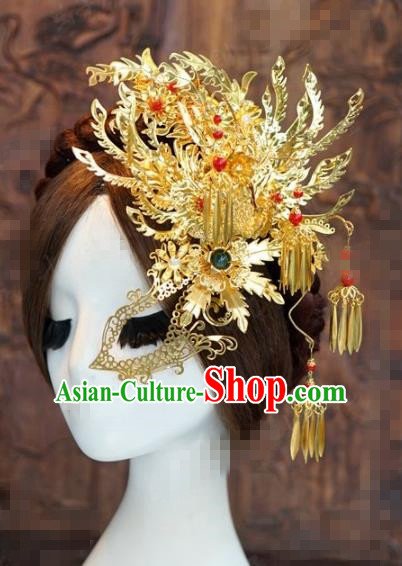 Chinese Traditional Handmade Hair Accessories Ancient Queen Golden Phoenix Hairpins Headwear for Women