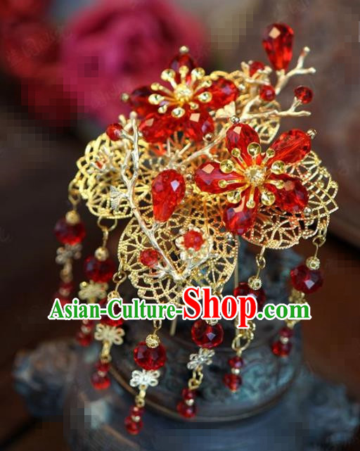 Chinese Traditional Hair Accessories Ancient Bride Red Beads Hairpins Handmade Tassel Step Shake Headwear for Women