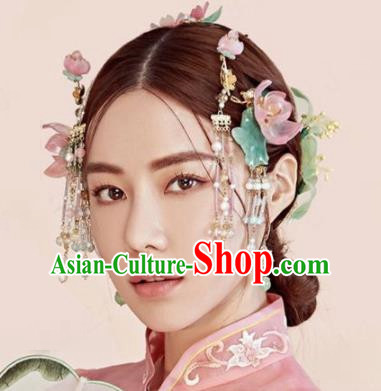 Chinese Traditional Palace Queen Hair Accessories Ancient Bride Pink Lotus Hairpins Headwear for Women