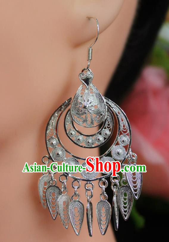 Traditional Chinese Miao Nationality Sliver Ear Accessories Hmong Female Wedding Tassel Earrings for Women
