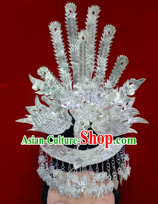 Traditional Chinese Miao Nationality Phoenix Coronet Hair Accessories Hmong Ethnic Female Sliver Hairpins for Women