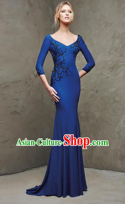 Top Grade Compere Costume Blue Trailing Green Full Dress Modern Dance Princess Wedding Dress for Women