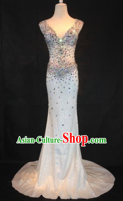 Professional Compere White Diamante Full Dress Modern Dance Princess Wedding Dress for Women