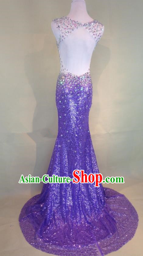 Professional Compere Purple Diamante Full Dress Modern Dance Princess Wedding Dress for Women