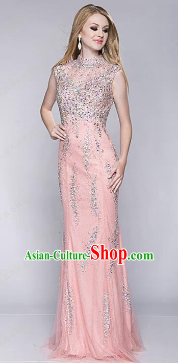 Top Grade Pink Veil Crystal Full Dress Compere Modern Fancywork Costume for Women